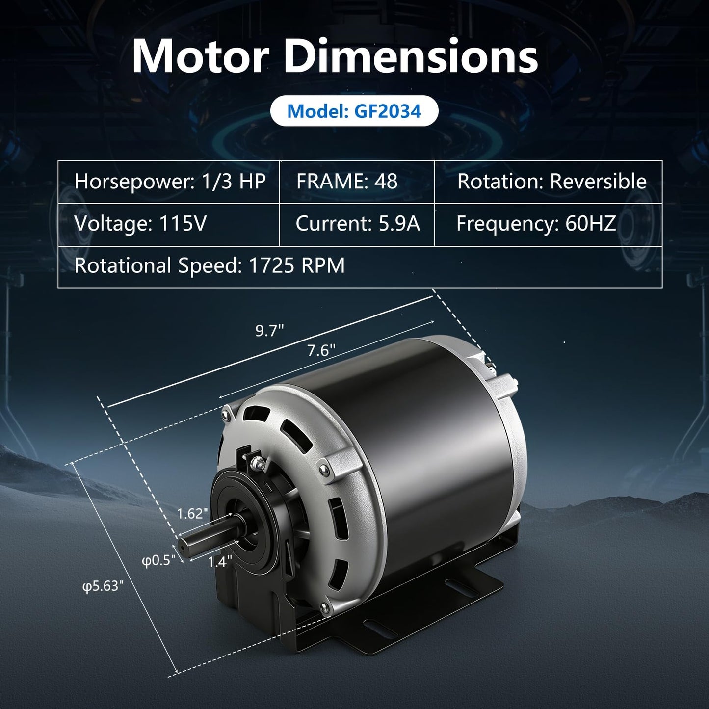 GF2034 Blower Motor, 1/3 HP 115V 60Hz 1725RPM 48 Frame, Belt Drive Compatible with Packard 45013, AO Smith/Century 316P169, Emerson 8100, GE BF-4706, Universal 805, Baldor RSP2442, Carrier HC41DE114