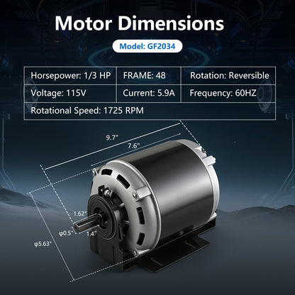 GF2034 Blower Motor, 1/3 HP 115V 60Hz 1725RPM 48 Frame, Belt Drive Compatible with Packard 45013, AO Smith/Century 316P169, Emerson 8100, GE BF-4706, Universal 805, Baldor RSP2442, Carrier HC41DE114