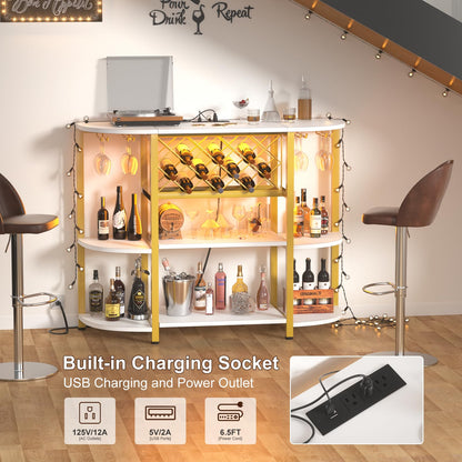 Unikito 4-Tier Metal Coffee Bar Cabinet with Outlet and LED Light, Freestanding Floor Bar Table for Liquor with Glass Holder and Wine Storage, Wine Bakers Rack for Kitchen Dining Room, White and Gold