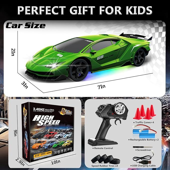 RC Drift Car 1:24 Remote Control Car 4WD 15KM/H High Speed Racing Sport Car with LED Lights RC Cars Toy for Kids Boys Girls Adults Gifts Birthday Christmas Rechargeable Batteries