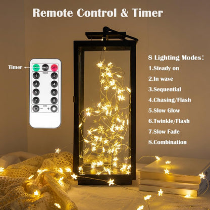 ZELUXDOT Star String Lights Plug in,40FT 120 LEDs Star Fairy Lights,Waterproof Starry Light with 8 Modes Remote for Outdoor Indoor Christmas Wedding Garden Ramadan Decor,Silver Wire,Warm White