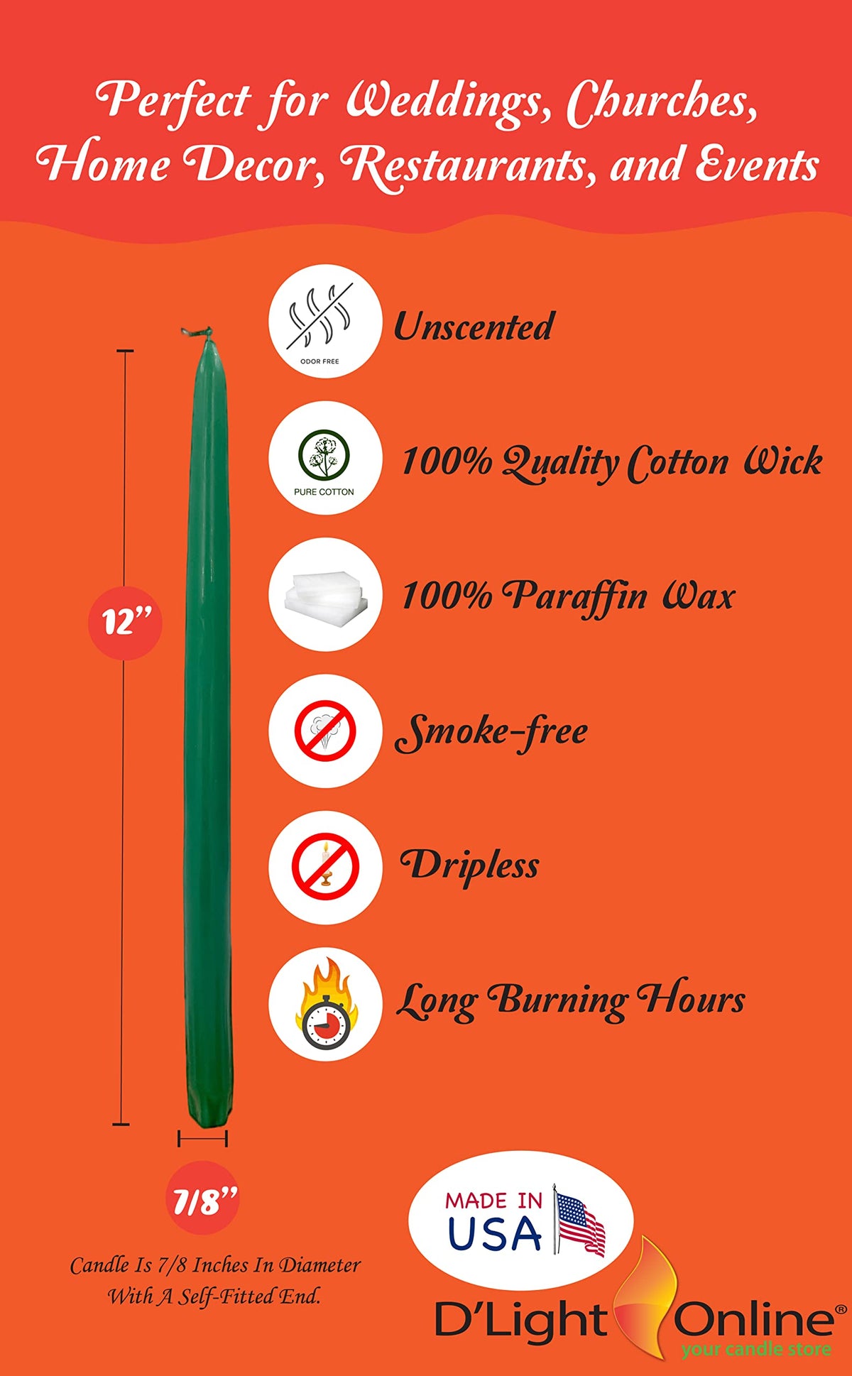 D'light Online Elegant 12" Unscented Holiday Green Taper Candles Premium Quality Candles Hand-Dipped, Dripless Tapered Candles and Smokeless - Set of 12 Individually Wrapped (12 Inch, Holiday Green