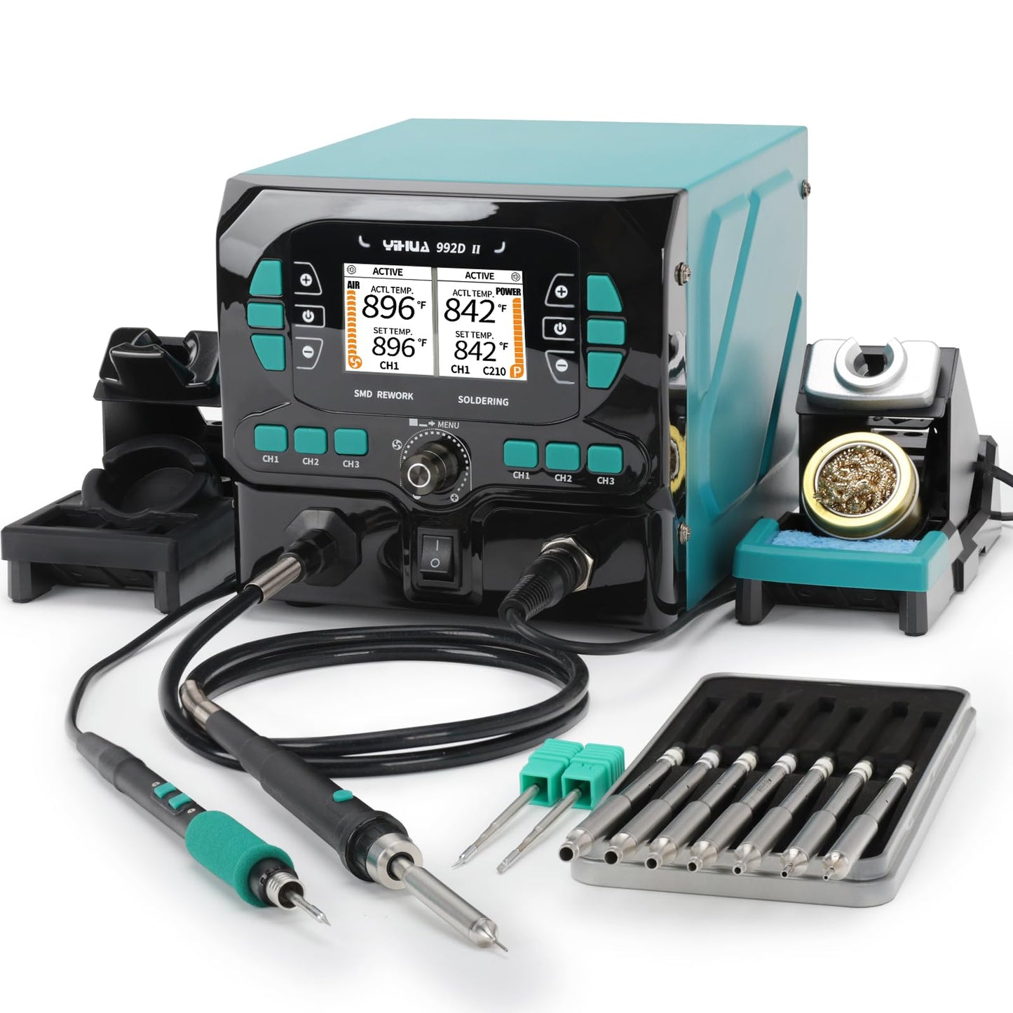 YIHUA 992D-II 2-IN-1 Precision Soldering Kit with Hot Air Pencil and C210 Soldering Iron, Precision Soldering Station with Dynamic LCD Display, Low-Wear Mode, 3 Preset Channels, 8 Hot Air Nozzles
