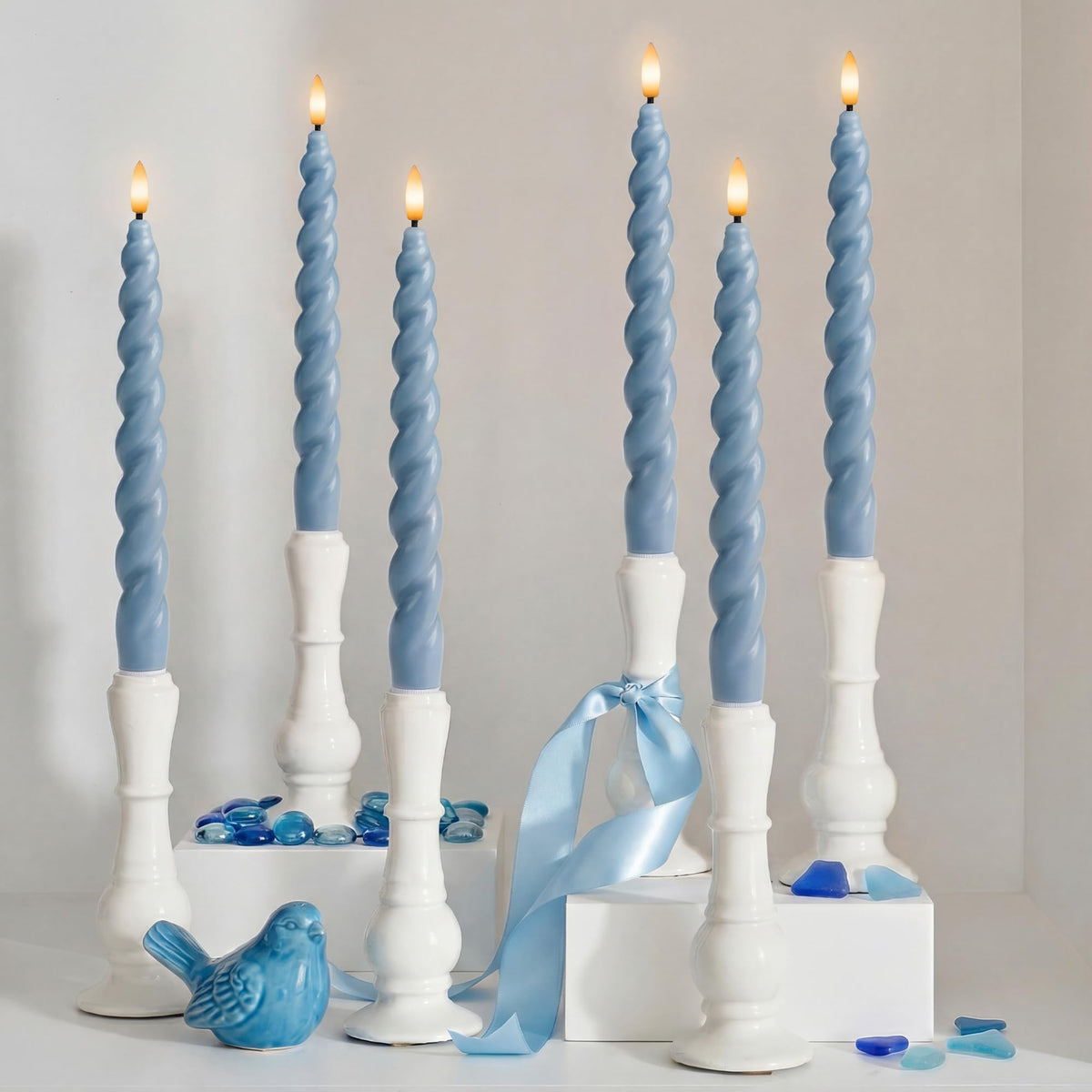 West Ivory Full Twisted Spiral Flameless LED Taper Candles – Dusty Blue, Set of 2 – 2/4/6/8-Hr Timer (24-Hr Memory), Remote, Dimmable, Bottom On/Off Button, Flicker/Steady, Battery Operated