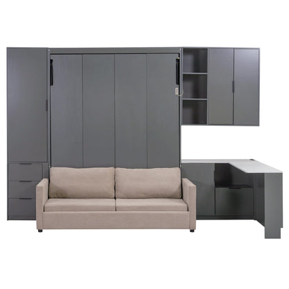 Merax Queen Size Wood Murphy Bed with Upholstered Sofa & Desk, Multifunctional Foldable Wall Platform Bed w/USB Charging Station for Guest-Room, Bedroom, Space Saving, Gray +Beige