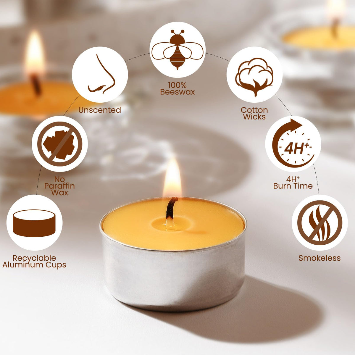 50-Pack Pure Beeswax Tealight Candles in Aluminum Cups - 4-5 Hour Burn Time, Lead-Free Cotton Wick, Natural Unscented Candles