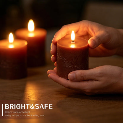 Brown Flameless Pillar Candles with Remote, Real Wax LED Candles Set of 3 (3x3Inch), 3D Flickering Flame, Battery Operated Candles with Timer for Home Decor, Table Centerpiece, Farmhouse Fall Decor