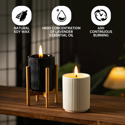 HUICAIMAO Lavender Scented Candle with Wood Stand& Ceramic Jar - 60H Natural Soy Wax, Highly Scented Aromatherapy Candle for Relaxation, Sleep & Home Decor, Elegant Gift for Women