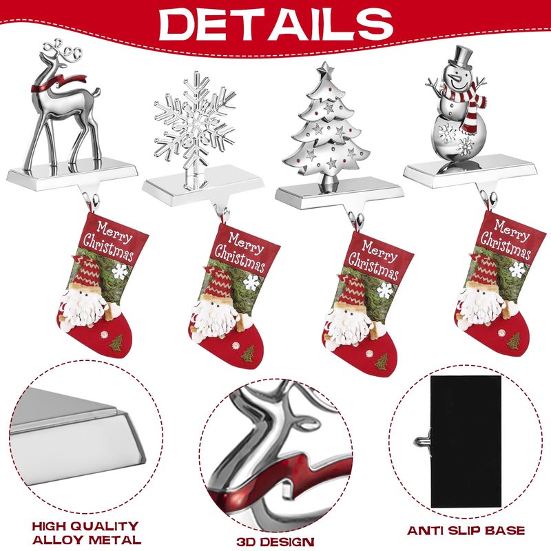GUOER 4 Pack Snowflake Christmas Stocking Holder Set for Mantle Christmas Decorations Holiday Mantle Fireplace Topper - Snowflake Snowman Reindeer and Christmas Tree Hangers Decorative Metal Hanger