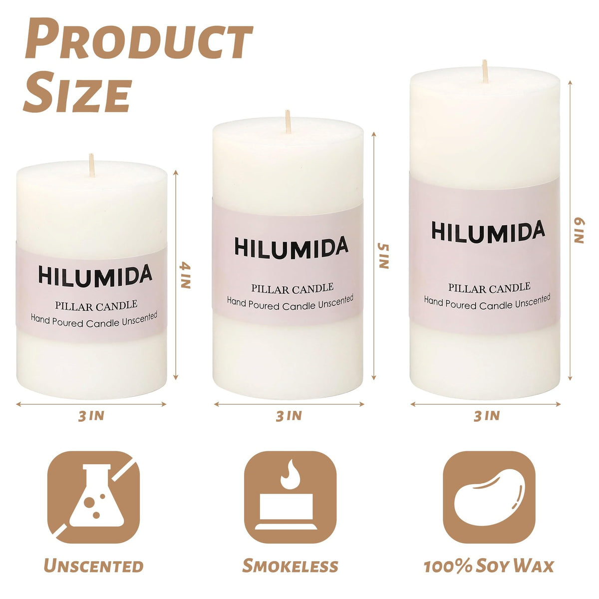 White Pillar Candles Set of 3 - Hand-Poured Unscented Candles,Smokeless Dripless Candles for Dinner Table and Home, Set of 3 in Different Sizes (3"x4", 3"x5", 3"x6")