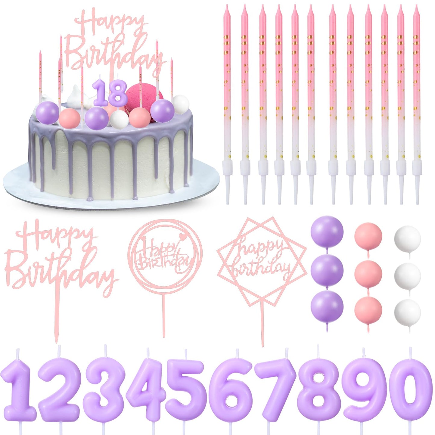 Yerliker 34 Pcs Happy Birthday Cake Toppers Decorations Birthday Candles DIY Cake Decor for Men Women Wedding Anniversary(Purple Pink)