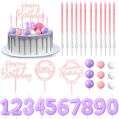 Yerliker 34 Pcs Happy Birthday Cake Toppers Decorations Birthday Candles DIY Cake Decor for Men Women Wedding Anniversary(Purple Pink)
