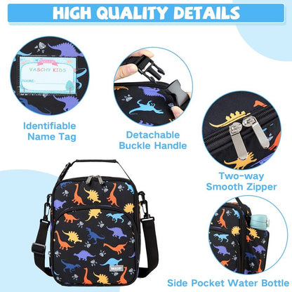 VASCHY Kids School Backpack Lunch Box Bag Pencil Case Combo, Children BookBag Schoolbag Set for Preschool/Kindergarten/Elementry School Supplies Boys Girls Black Dinosaurs