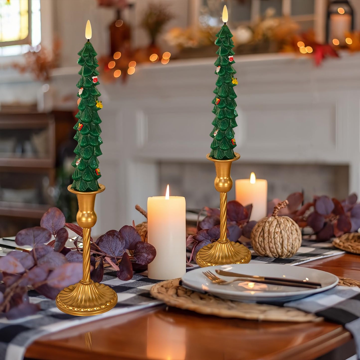 AVEKI Christmas Tree Flameless Taper Candles with Remote, 2 Pcs LED Christmas Tree Candles Real Wax with 3D Flame, 9.7" Battery Operated LED Candlesticks for Home Fireplace Christmas Decor (2 PCS)