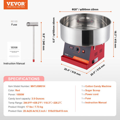 VEVOR Cotton Candy Machine Commercial, 1000W Electric Floss Maker with Stainless Steel Bowl, Sugar Scoop, Storage Drawer, Perfect for Home, Carnival, Kids Birthday, Family Party, Red