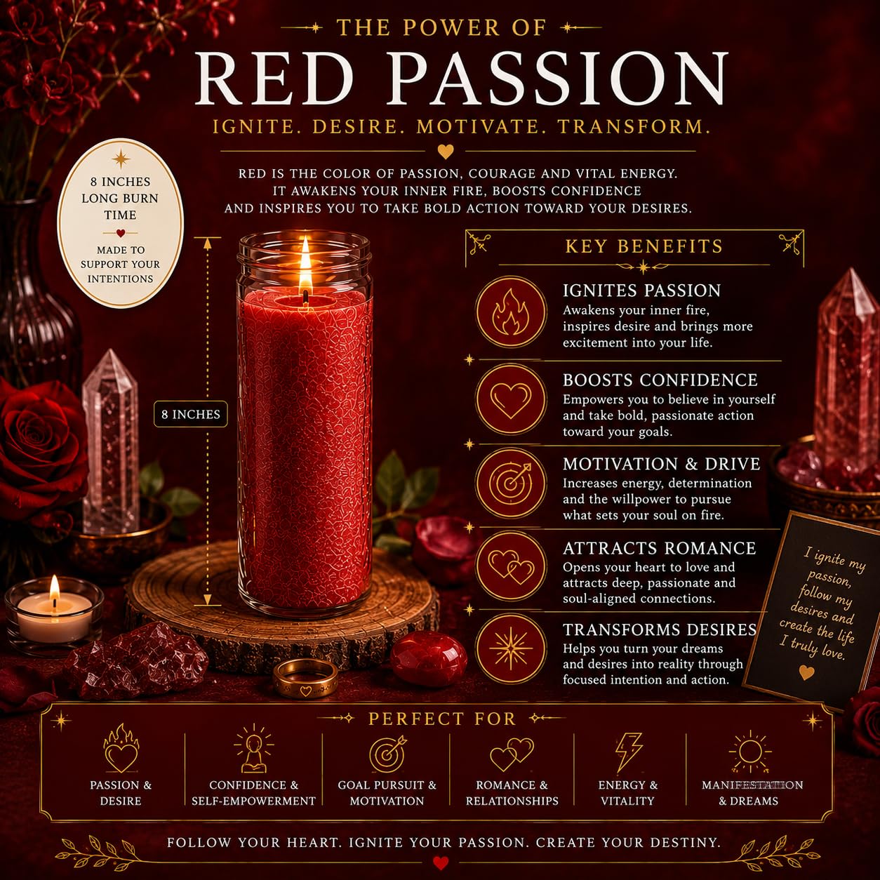 Red Passion Manifestation Candle Kit – 8" Ritual Prayer Candle with Intention Scrolls, Pencil & QR Guide for Passion, Confidence, Motivation & Strength