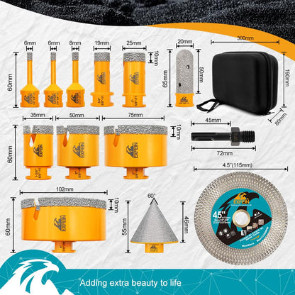 EXFEIN Tile Hole Saw Kit 13pcs - 6/6/8/19/25/35/50/75/102mm Diamond Core Drill Bits, 4/5 Inch Milling Bit + 2 Inch Chamfer Bit + Adapter + 4.5 Inch Grinding & Cutting Disc for Tile Marble Granite