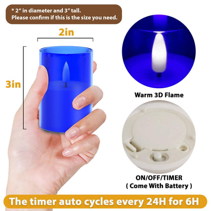 VIODAIM 12Pack Flickering Flameless LED Candles with Timer, Battery Powered - Small Pillar & Votive, Acrylic Made, Blue (2"X3")
