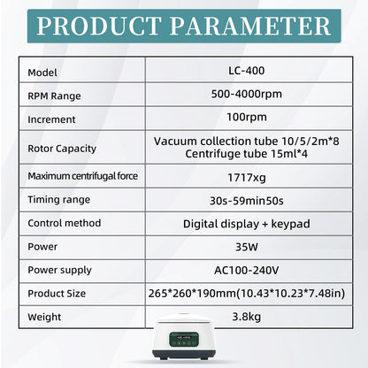 LABHOUSE PRP Centrifuge Machine 8x2ml/5ml/10ml | 4x15ml Digital Speed 500-4000rpm 1717xg RCF Lab Benchtop Centrifuges Timer 30sec-99min
