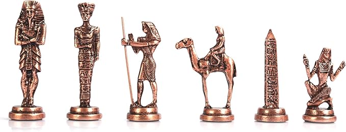 Egypt Pharaoh Antique Copper Figures Metal Chess Set for Adults Handmade Pieces and Natural Solid Wooden Chess Board with Pearl Design Around Board and Storage Inside King 3.4inc