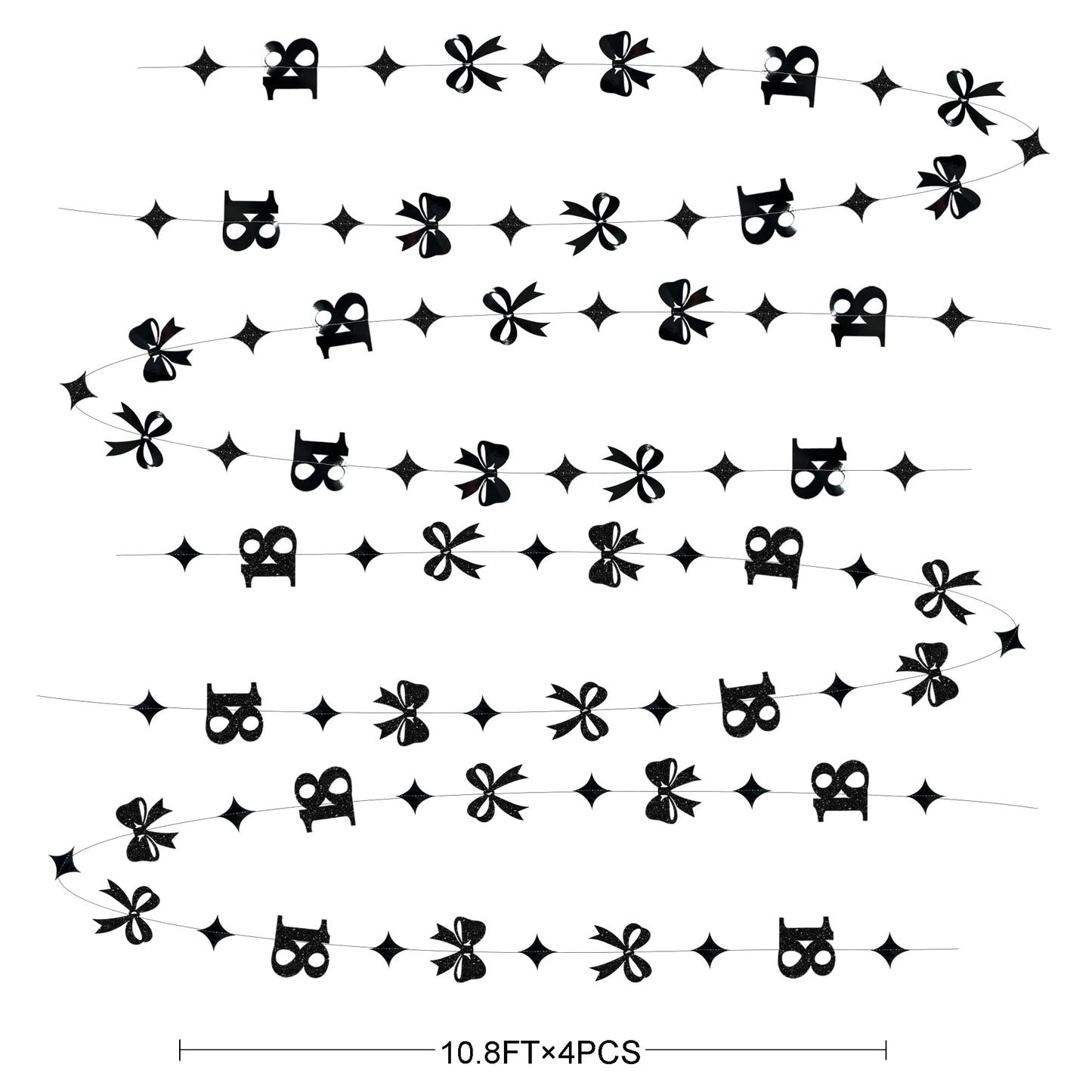Black 18th Bow Birthday Decorations Glitter Conquette Bow Garland Streamer Banner Backdrop for Girls Boys Happy 18th Birthday Time to Adult Cheers to 18 Years Old Anniversary Party Supplies