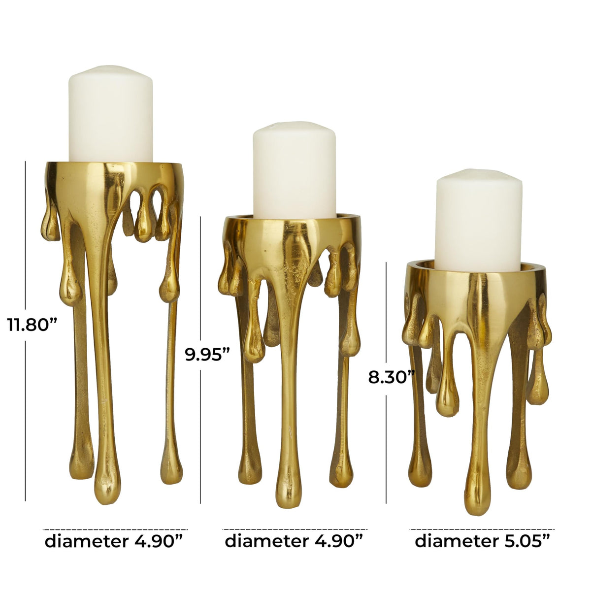 CosmoLiving by Cosmopolitan Aluminum Metal Abstract Decorative Candle Holder Melting Drip Candle Stand, Set of 3 Candlestick Holder 12", 10", 8"H, Gold