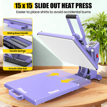 AKEYDIY 15" x 15" Slide Out Heat Press for T Shirts - Fast Heating for Sublimation, Industrial Even Heat Transfer & Precise Temp Control, Shirt Heat Press for Vinyl & Fabric Projects (15x15 Purple)