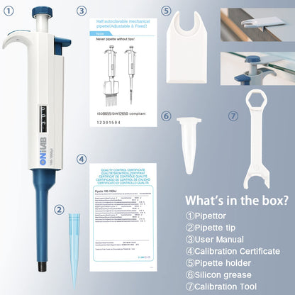 ONiLAB 20-200ul High-Accurate Single-Channel Manual Adjustable Variable Volume Pipettes, Autoclavable, 7010101009