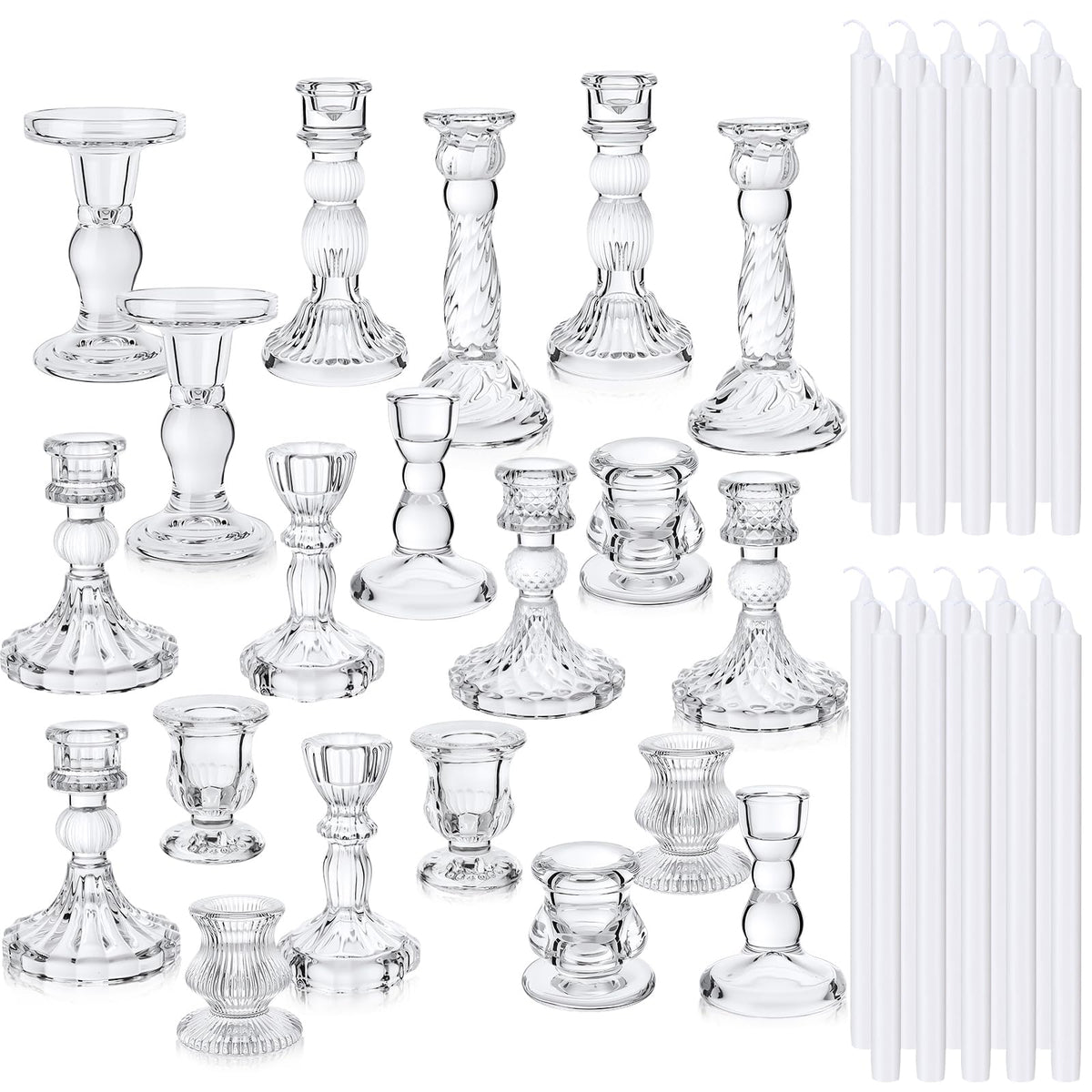 Mumufy 20 Sets Glass Crystal Taper Candle Holders Stand Centerpiece Bulk with 10 in Taper Candles Sticks Clear Decorations Table Wedding Dining Party (Transparent)