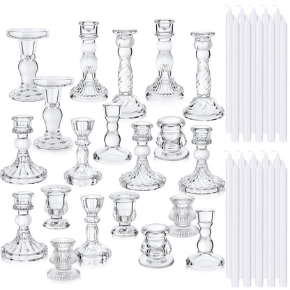 Mumufy 20 Sets Glass Crystal Taper Candle Holders Stand Centerpiece Bulk with 10 in Taper Candles Sticks Clear Decorations Table Wedding Dining Party (Transparent)