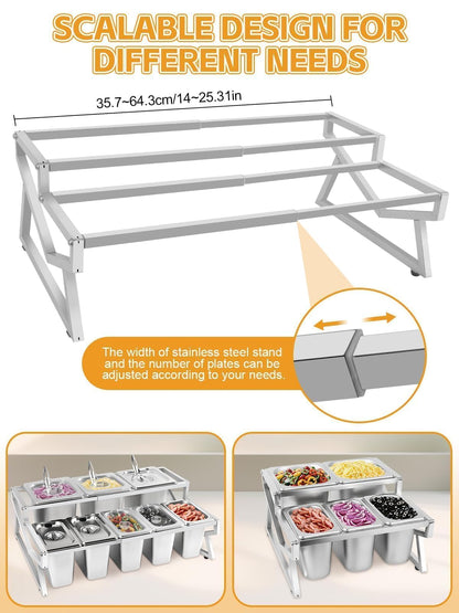 Kalolary 8 Pans Pizza Topping Storage Station, 2 Row Adjustable Stainless Steel Condiment Containers with Lids Spoons Ice Food Serving Display Container Salad Bar Buffet Station for Home Kitchen