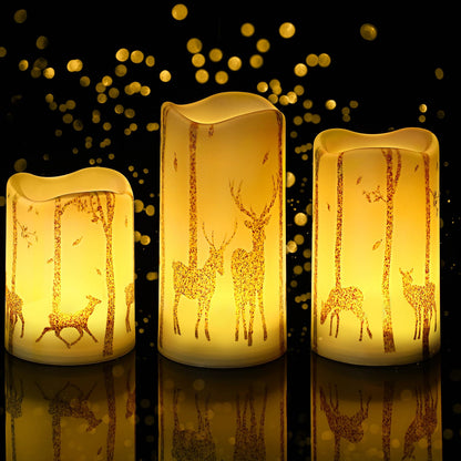 VIHOSE Set of 3 Reindeer Christmas Flameless Candles Battery Operated Realistic Flickering LED Pillar Candle Warm Light Gold Deer LED Candles for Christmas Indoor Holiday Decorations