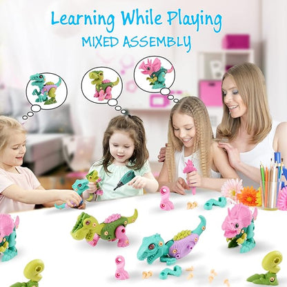 FREE TO FLY Dinosaur Toys for 3 4 5 6 Years Old Girls Take Apart Dinosaur Learning Toys for Kids 3-5 5-7 STEM Building Construction Set with Electric Drill Birthday Ideas