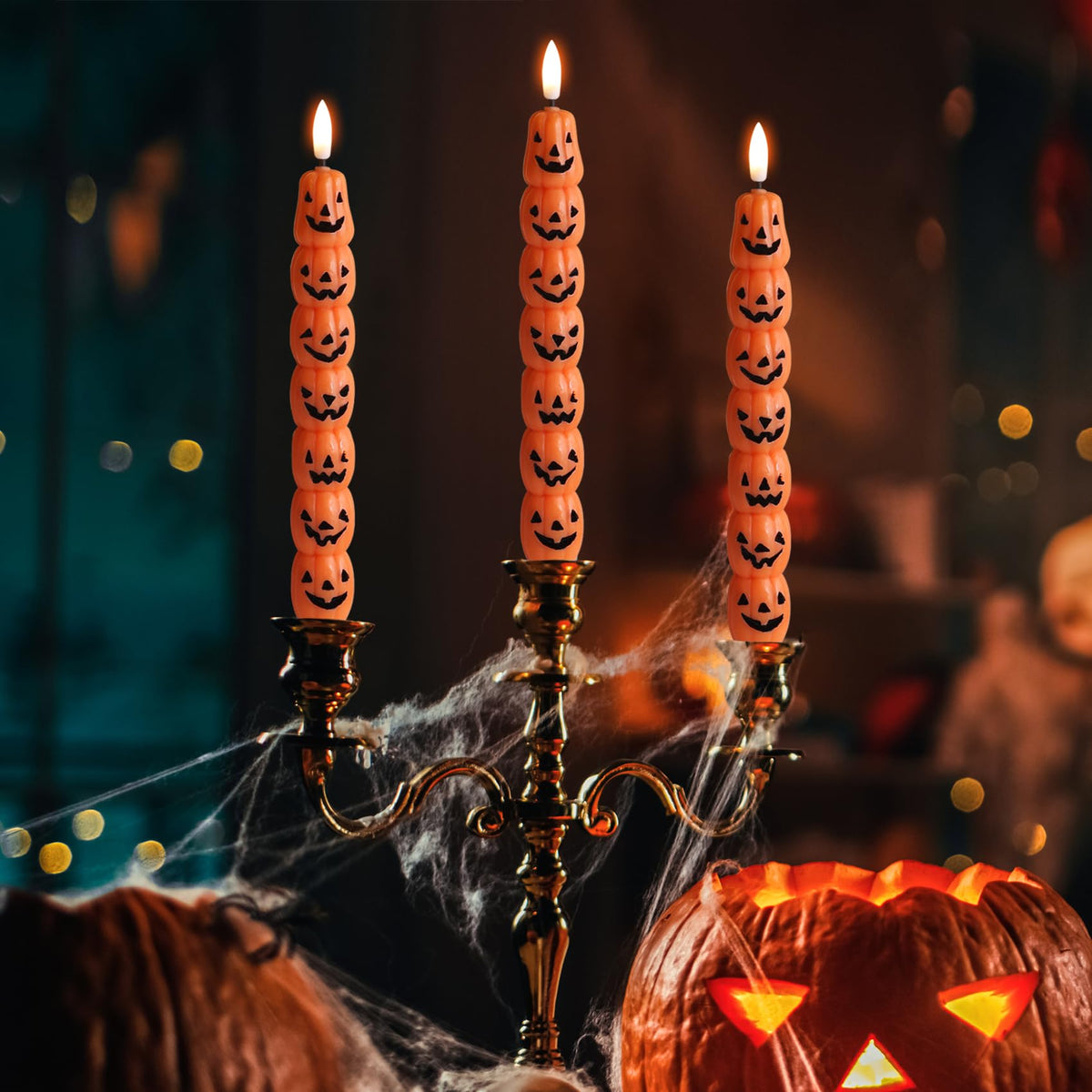 Eywamage Halloween Flameless Taper Candles with Remote, Orange Pumpkin LED Candlesticks Battery Operated Flickering Real Wax Set of 2