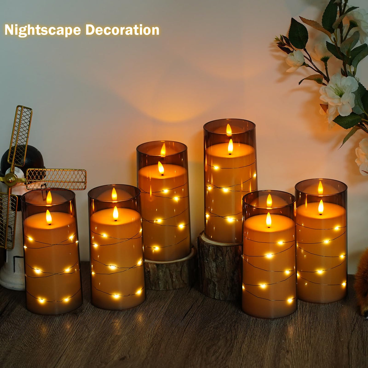 Flickering Flameless Candles with Remote Timer, 6pcs LED Battery Operated Candles with Embedded String Lights Grey, D3 H6