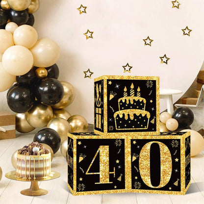 40th Birthday Decorations Boxes for Men- 3PCS Black Gold Happy 40th Birthday Balloons Boxes, 40 Year Old Party Supplies for Men Women