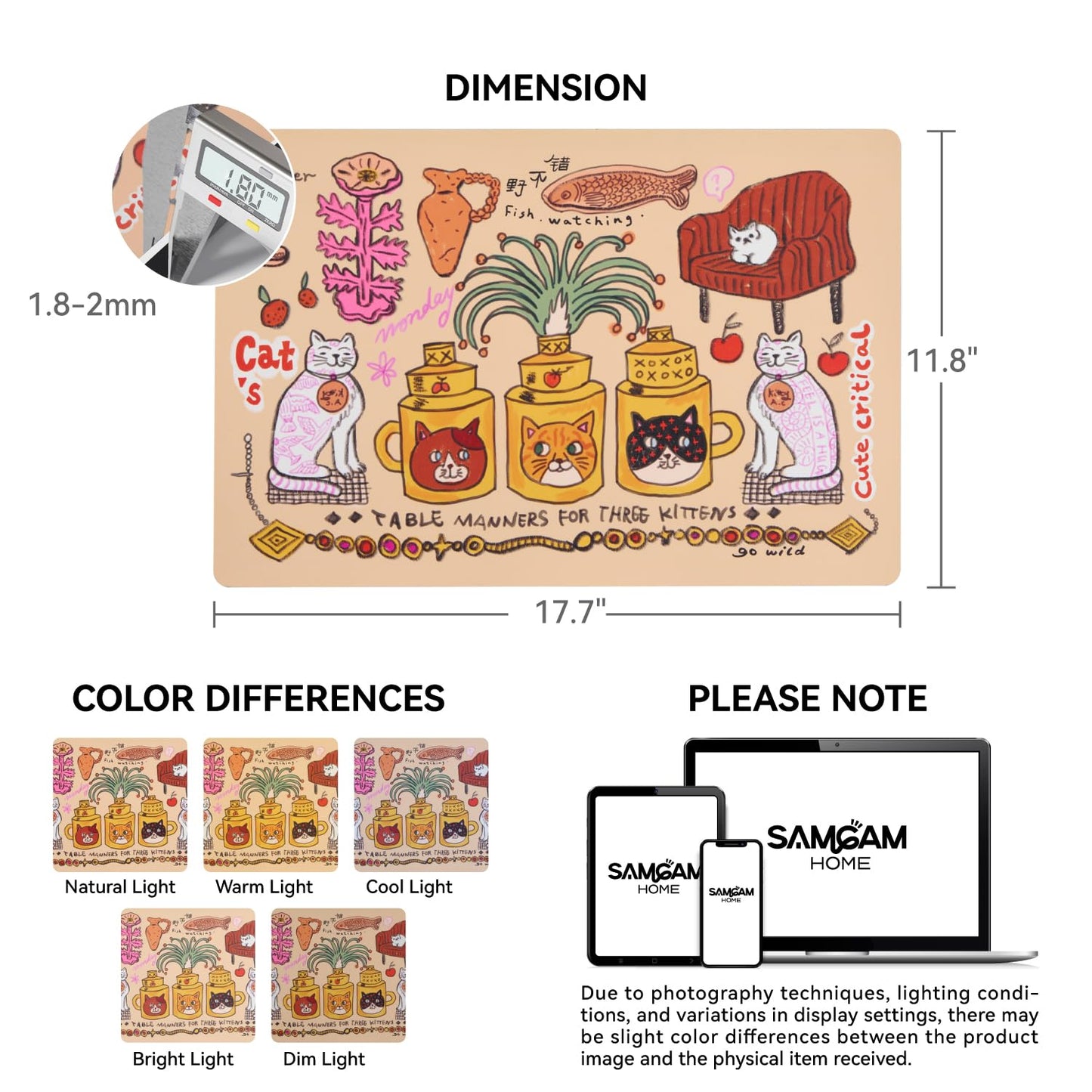 SAMCAM Placemats Set of 4 with Hand-Drawn Illustrations, 17.7" x 11.8", Faux Leather Place Mats, Waterproof, Heat Resistant, Anti-Slip, Easy to Clean, Table Mats for Dining, Kitchen, Coffee Table