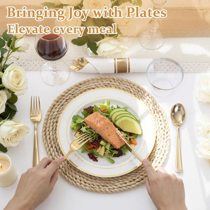 WDF Partyware 350Piece Gold Dinnerware Set for 50 Guests - Gold Plastic Plates with Disposable Cutlery - 50Dinner Plates-50Dessert Plates-50Pre Rolled Napkins with Silverware for Wedding/Mother's Day