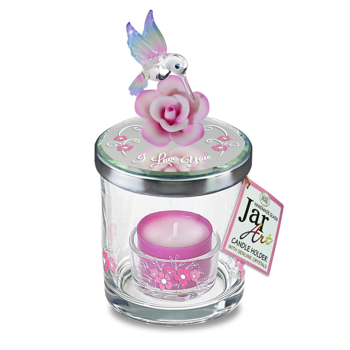 Glass Baron Candle Holder Jar, Blown Glass Hummingbird Lid with Airbrushed Porcelain Flower & Austrian Crystal Accents, 5.5 x 3 inches