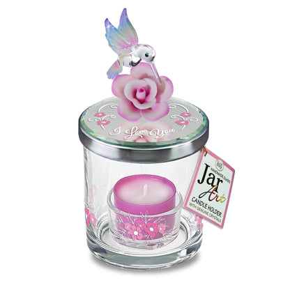 Glass Baron Candle Holder Jar, Blown Glass Hummingbird Lid with Airbrushed Porcelain Flower & Austrian Crystal Accents, 5.5 x 3 inches