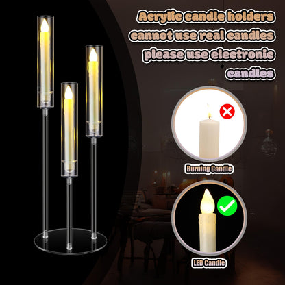 Tandefio 6 Sets 3 Arm Acrylic Candelabra Centerpieces for Wedding Tables 30inch Tall Clear Candle Holder Centerpieces with 18 LED Candles and Shade for Ceremony Birthday Anniversary Party Home Decor