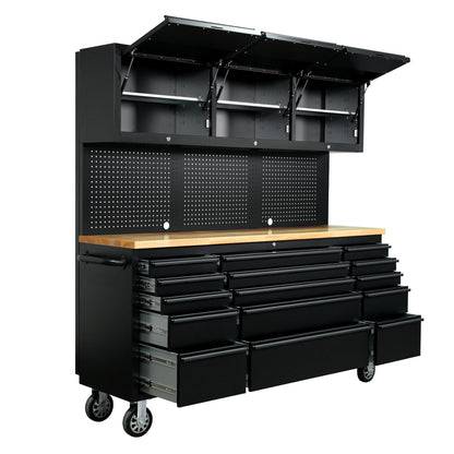 CT Copper Tailor 72-inch Tool Chest Cabinet Rolling Garage Workbench with 15 Storage Drawers and Wheels, 3 Upper Cabinet, Pegboard, Steel Large Tool Box,Matte Black
