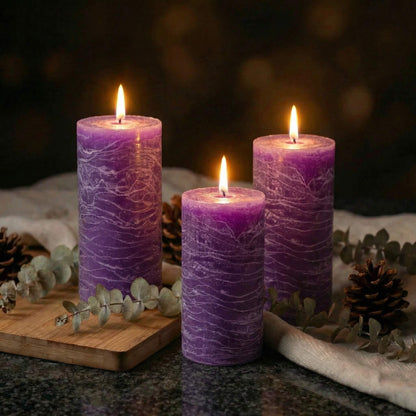 Richland Set of 3 Pillar Candles 3" x 6" Unscented (Lavender Rustic) for Weddings Home Holidays Relaxation Spa Church