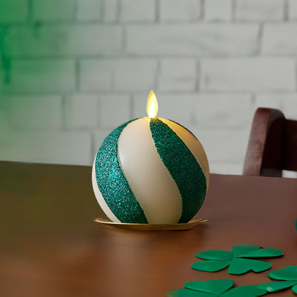 Luminara - Flameless Holiday Crystal Beads Glitter Sphere Candle - Candy Cane Green- Pack of 1-4x4.25 - Auto Timer Built-in 5-Hour Timer Indoor Use