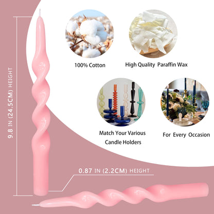 Pink Taper Candles Set of 4, 10 Inch Handmade Spiral Candle, Twisted Candles Shape Design, Unscented Candle Sticks for Wedding Dinner Home Decor Gift