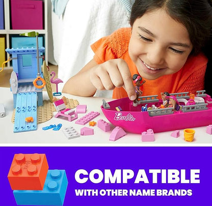 MEGA Barbie Kids Building Toy Set Malibu Dream Boat with 317 Pieces 2 Micro-Dolls and Accessories Pink Ages 6+ Years