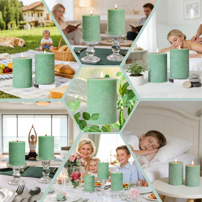 6 Pack Sage Green Soy Pillar Candles - 330H Total Burn Time - 2.8x4” Rustic Textured Natural Wax- Smokeless & Clean Burning Unscented Hand-Poured Candles for Spring Home, Modern Farmhouse Decor