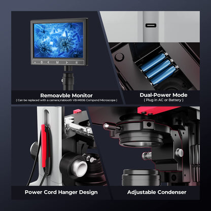 [Dual Power Supply] Vabiooth Lab Compound Trinocular Microscopes 40X-2500X Magnification with 7" LCD Replaceable Split Screen 5MP E-Eyepiece, Two-Layer Mechanical Stage,20mm Ultra Wide-Field Eyepieces