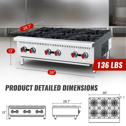 Backychu Commercial Gas Stove 6-Burner - 150,000 BTU Countertop Cooking Stove Range, Heavy-Duty Hot Plate, Stainless Steel Cooking Equipment for Restaurant, kitchens, Propane/Natural Gas