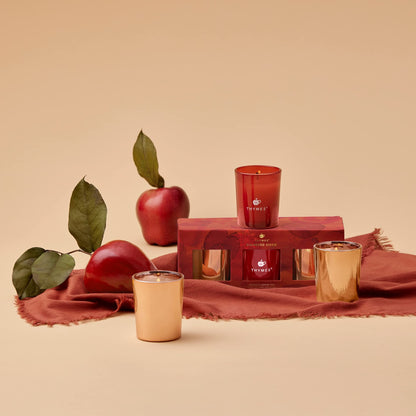 Thymes Aromatic Votive Trio – Set of Three Votive Candles – Luxury Home Fragrance – Scented Candles with Notes of Freshly Pressed Apple, Clove, & Cardamom – Red & Rose Gold (Simmered Cider, 2 oz Each)